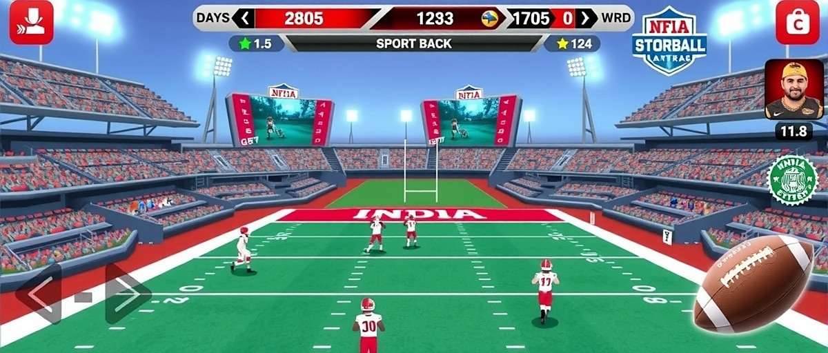 NFL India Top Scorer gameplay screenshot showing Indian stadium and team